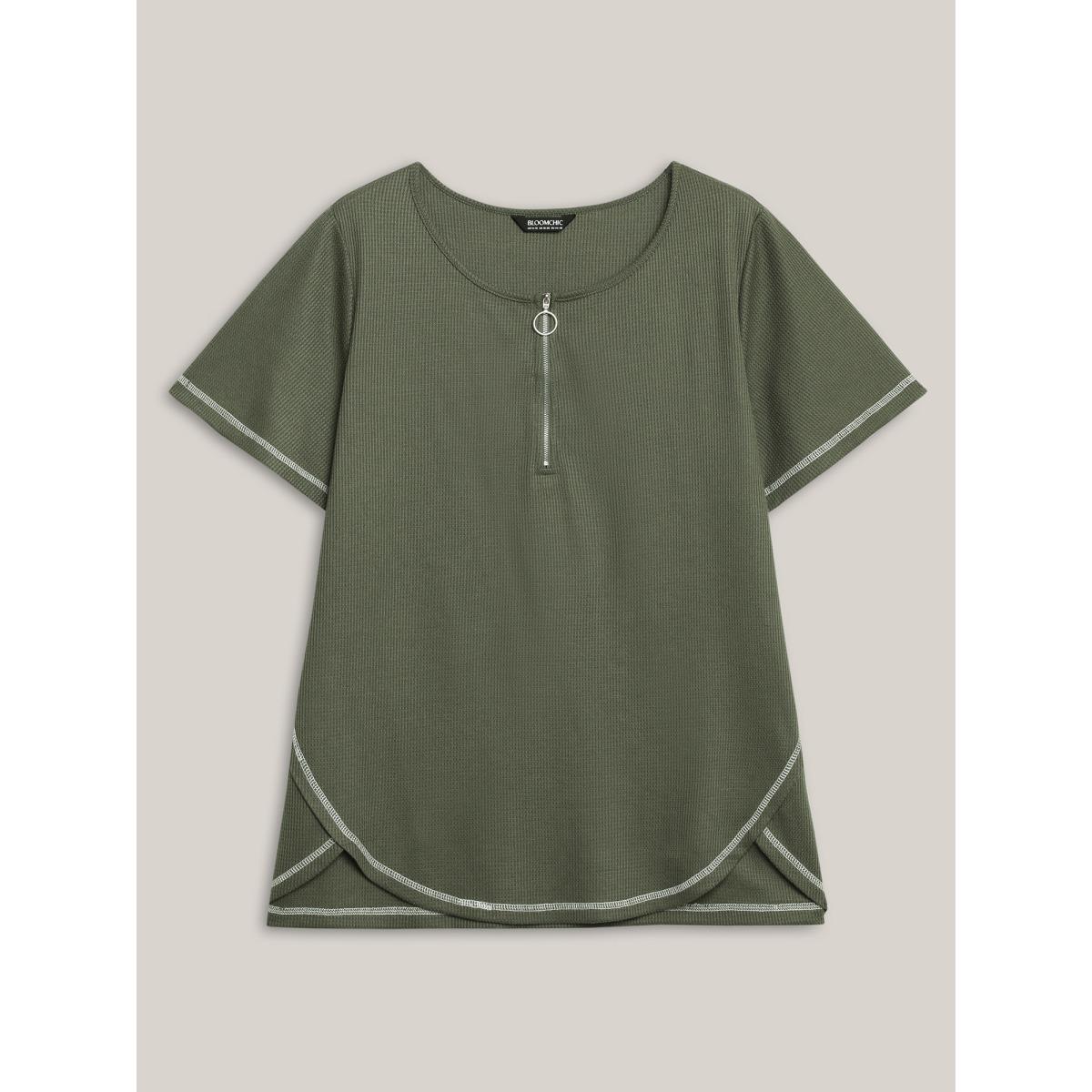Plus Size Waffle High Low Hem Zipper T-Shirt ArmyGreen Women Leisure Topstitching Round Neck Casual T-shirts BloomChic 26/4X Product Image