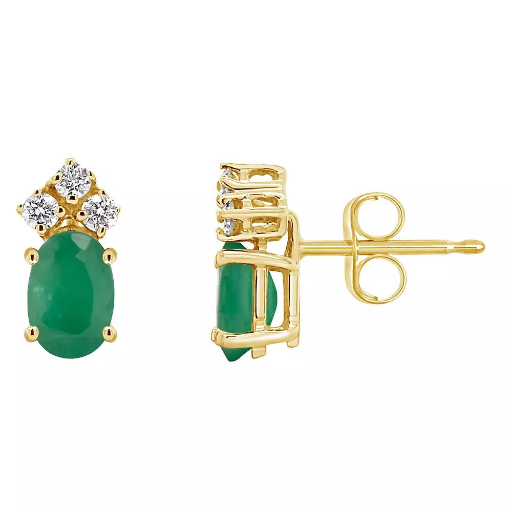 Celebration Gems 14k Gold Oval Emerald & 1/8 Carat T.W. Diamond Stud Earrings, Women's Product Image