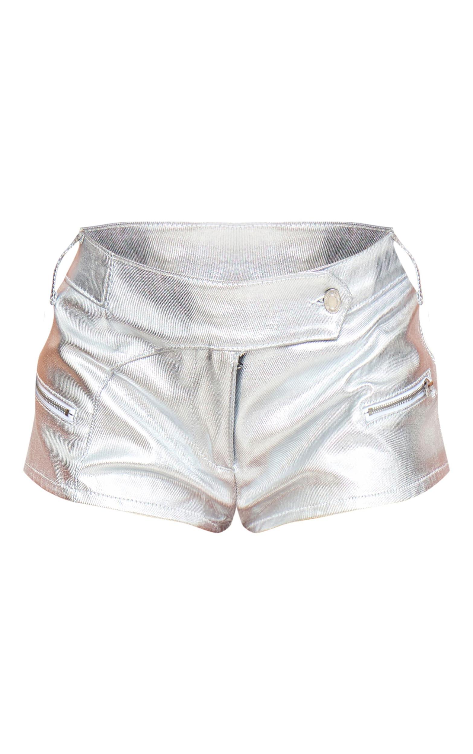 Silver Coated Denim Zip Detail Hot Pants Product Image