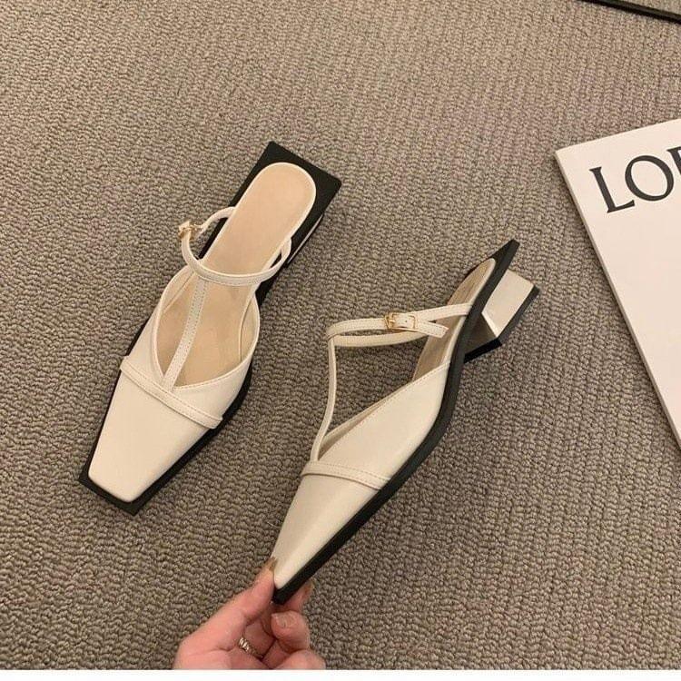 Square Toe T-Strap Chunky Heel Mules Product Image