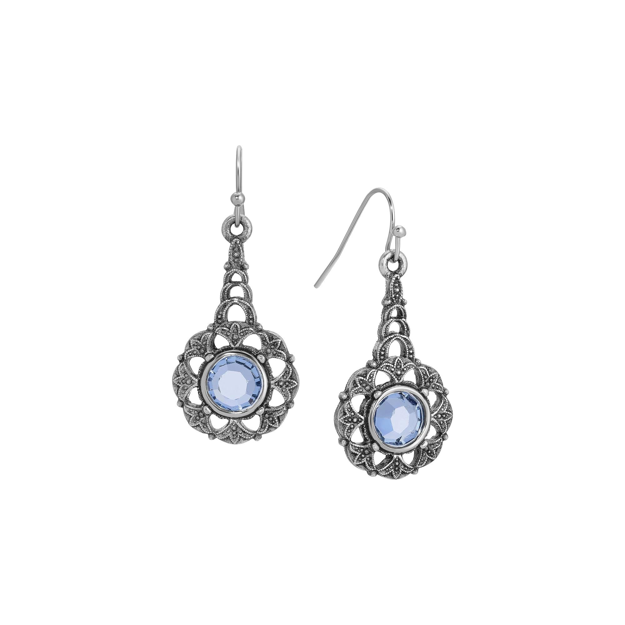 1928 Silver Tone Round Linear Blue Crystal Drop Earrings, Women's Product Image