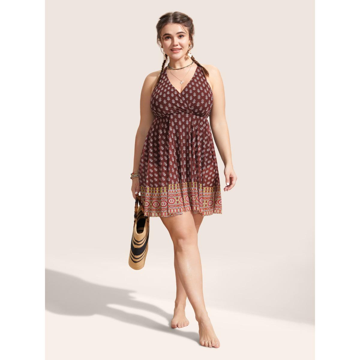 Plus Size Overlap Collar Boho Print Patchwork Swim Dress Women's Swimwear Deepred Beach Bodycon Overlap Collar High stretch Curve Swim Dresses BloomChic 28/5X Product Image