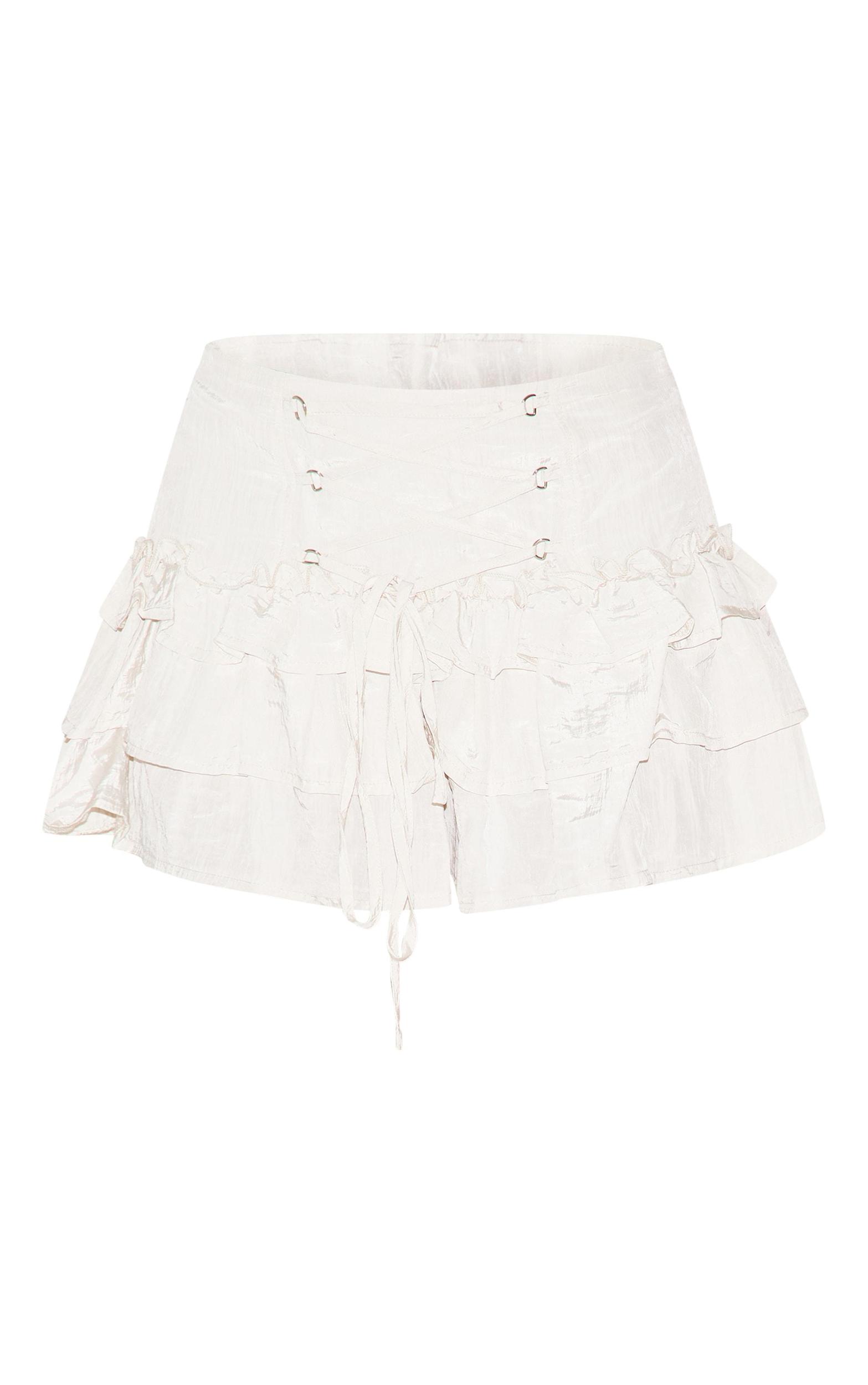 Ivory Lace Up Front Frilly Mini Skirt Product Image
