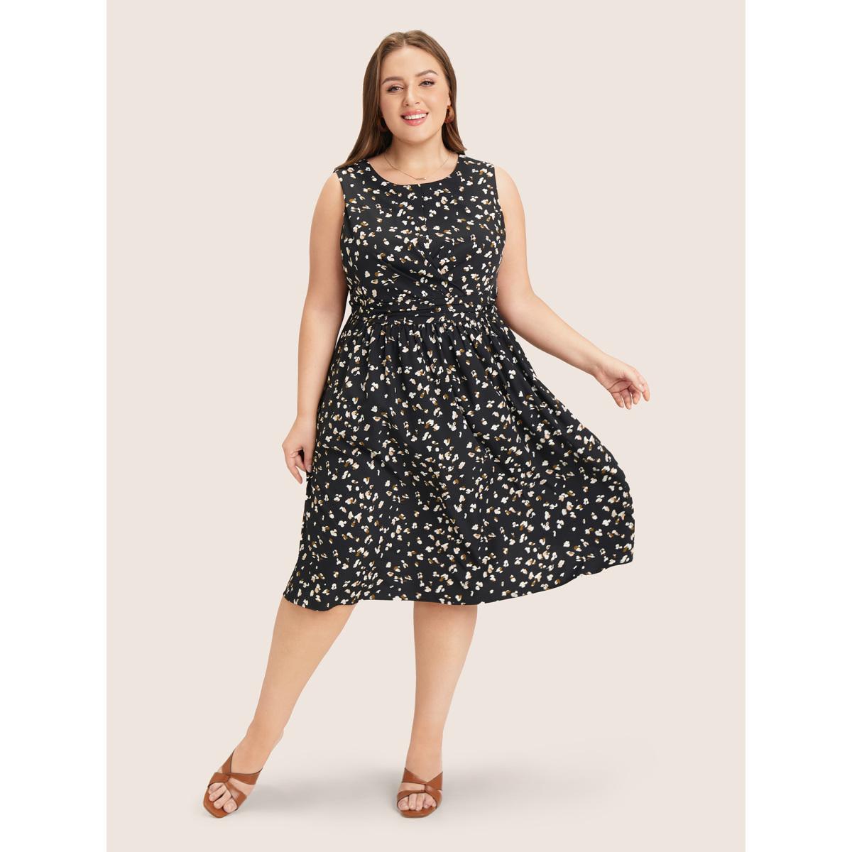 Plus Size Allover Print Pocket Flutter Crossover Ruched Tank Dress Black Women Elegant Twist Round Neck Sleeveless Curvy Midi Dress BloomChic 12/L Product Image