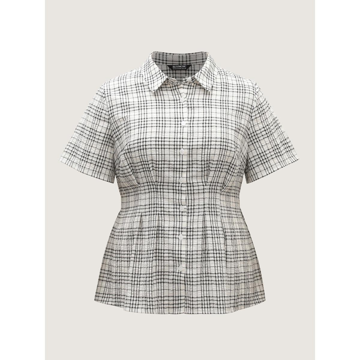 Plus Size Ivory Cotton Plaid Sculpted Button Placket Blouse Women Short sleeve Shirt collar Work Blouses BloomChic 30/6X Product Image