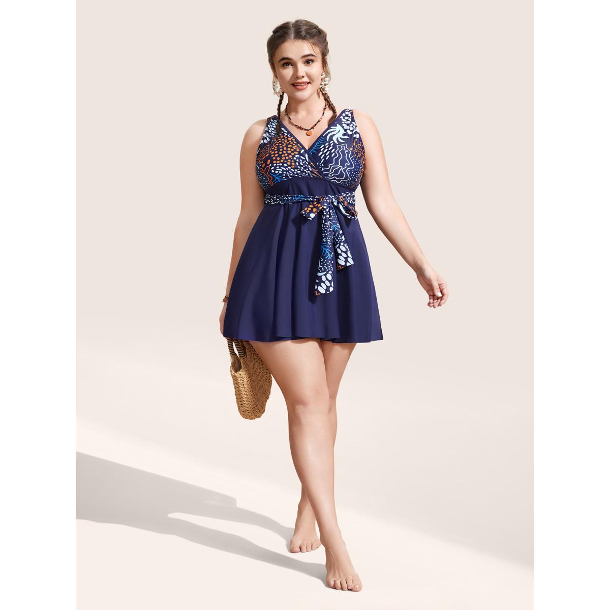 Plus Size Marine Elements Patchwork Tie Knot Swim Dress Women's Swimwear Indigo Beach Bodycon V-neck High stretch Curve Swim Dresses BloomChic 10/M Product Image