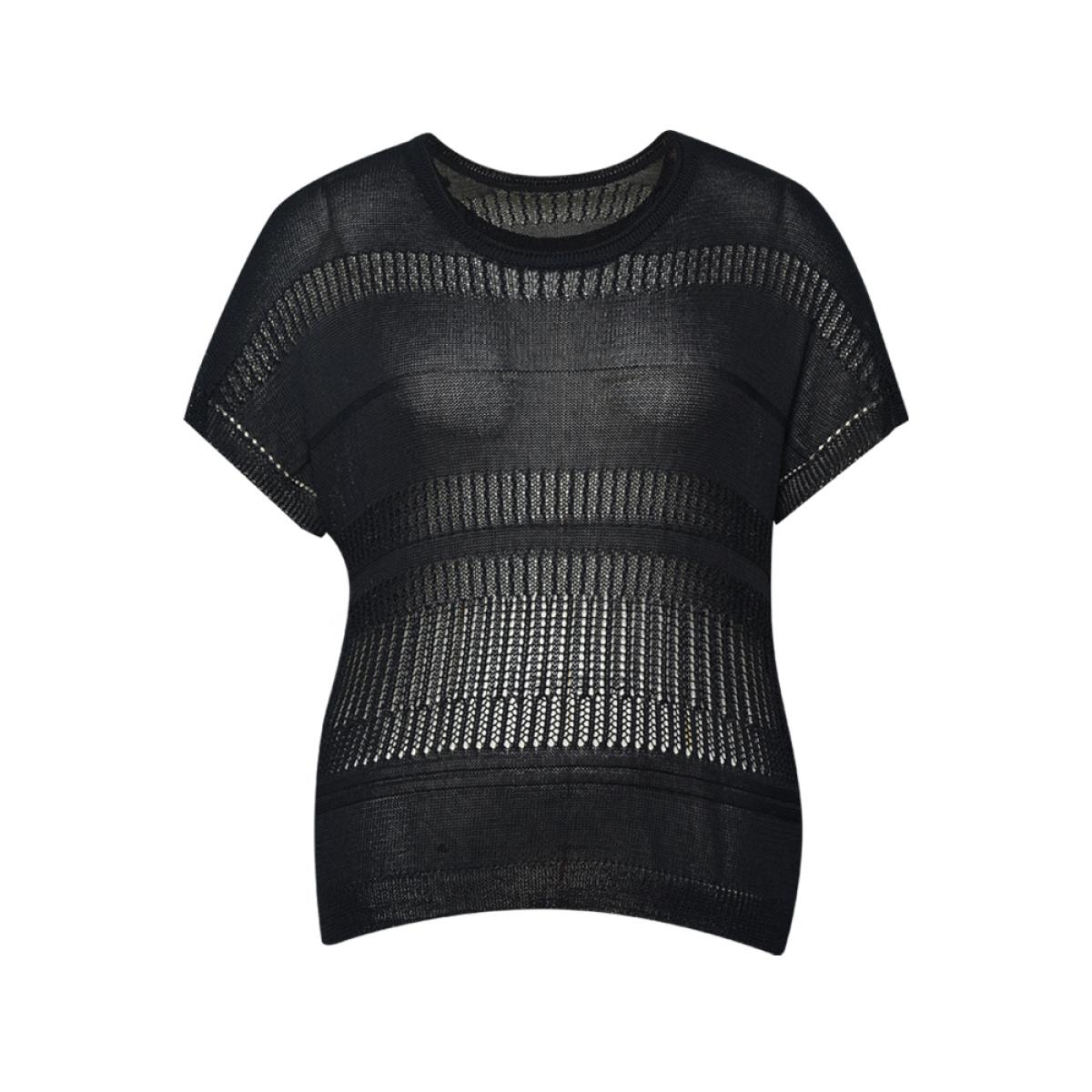 Plus Size Plain Geometric Eyelet Patchwork Batwing Sleeve Pullover Black Women Casual Loose Short sleeve Round Neck Dailywear Pullovers BloomChic 14-16/1X Product Image