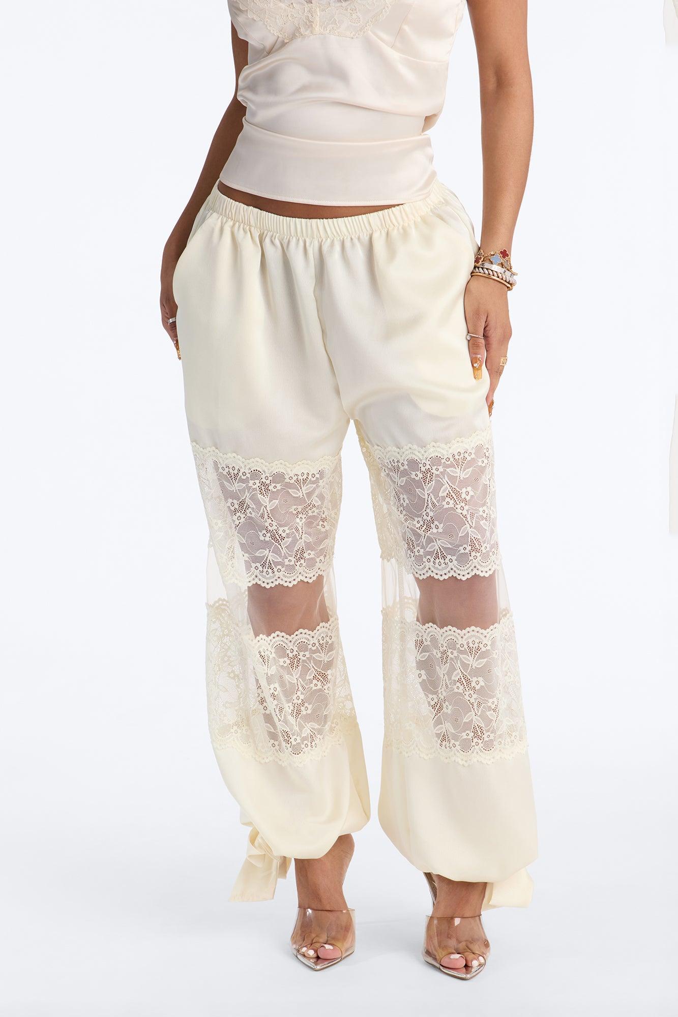 Melissa Satin Brunch Lace Trim Jogger Pant - Ivory Female Product Image