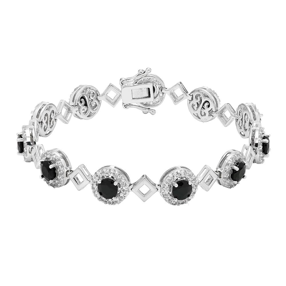 Sterling Silver Onyx & Lab-Created White Sapphire Halo Link Bracelet, Women's, Size: 7.5" Product Image