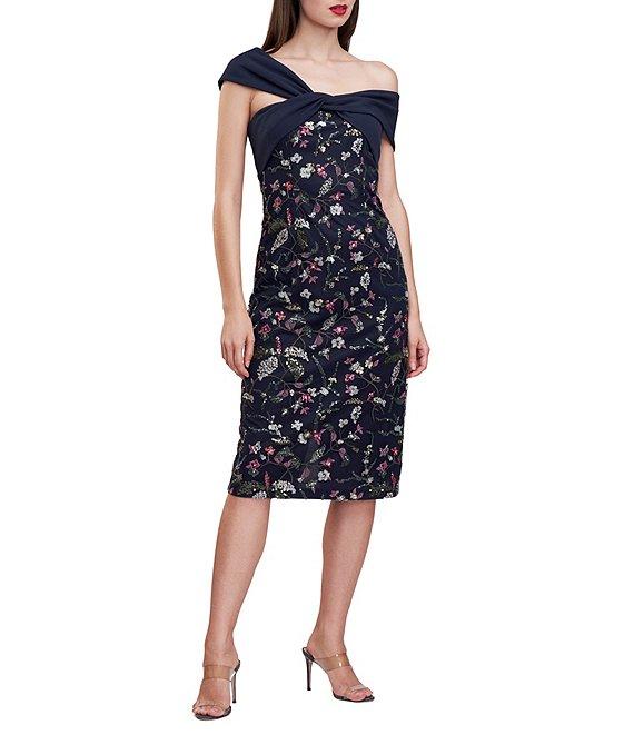 JS Collections Floral Pattern Embroidered Mesh One Shoulder Short Sleeve Asymmetrical Twit Sheath Midi Dress Product Image