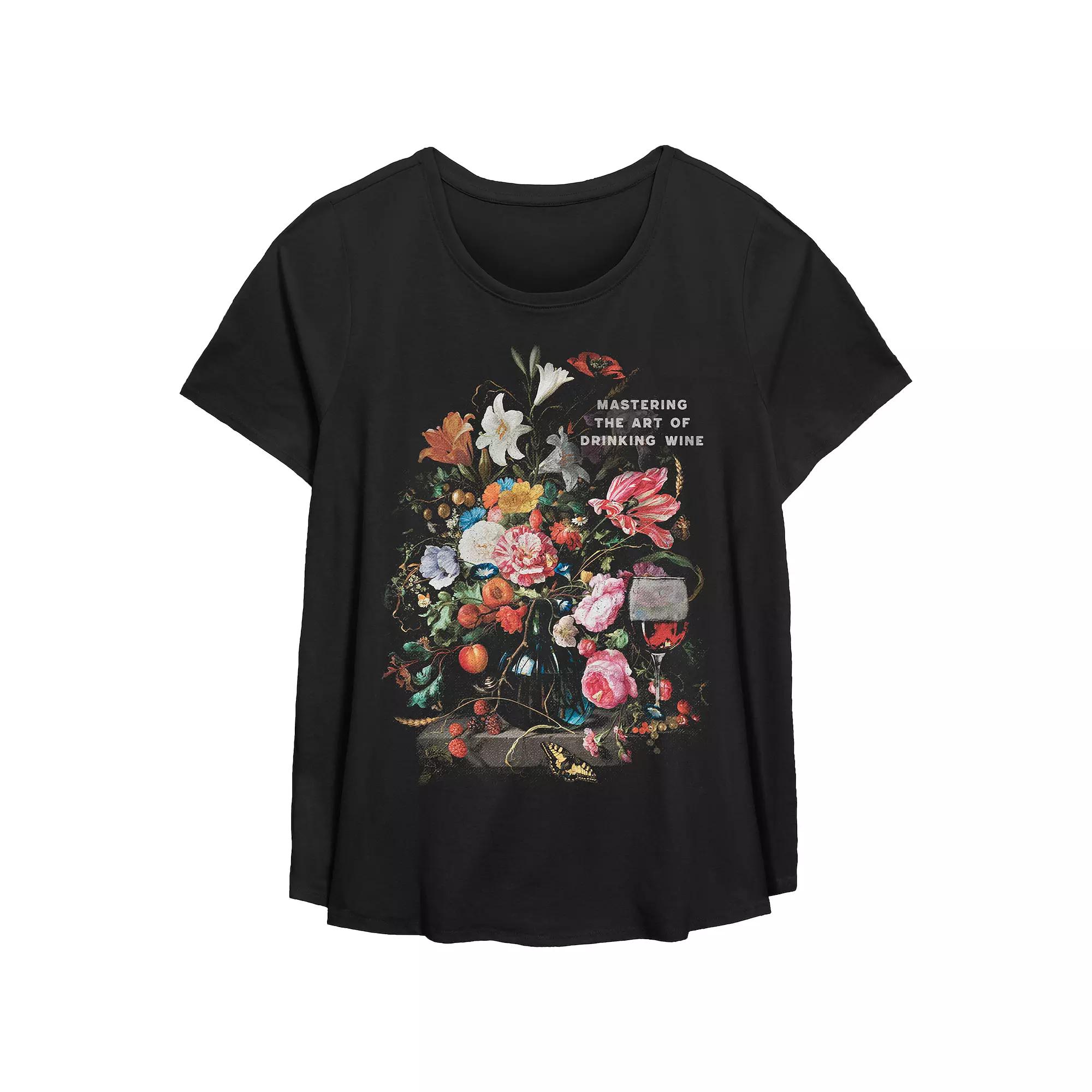 Plus Size Mastering The Art Of Drinking Wine Scoop Hem Flow Graphic Tee, Women's, Size: 1XL, Black Product Image