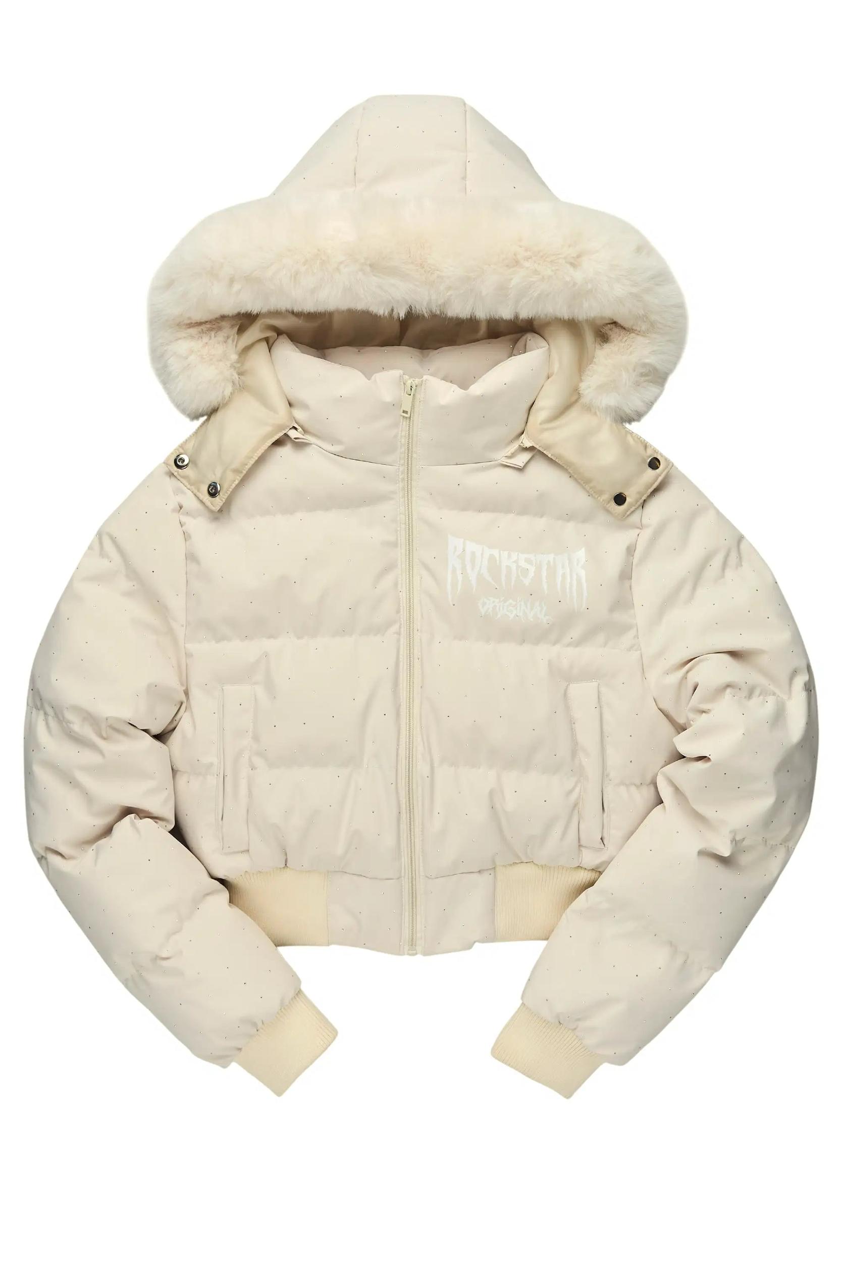 Gabrielle Beige Rhinestone Puffer Jacket With Fur Hood Female Product Image