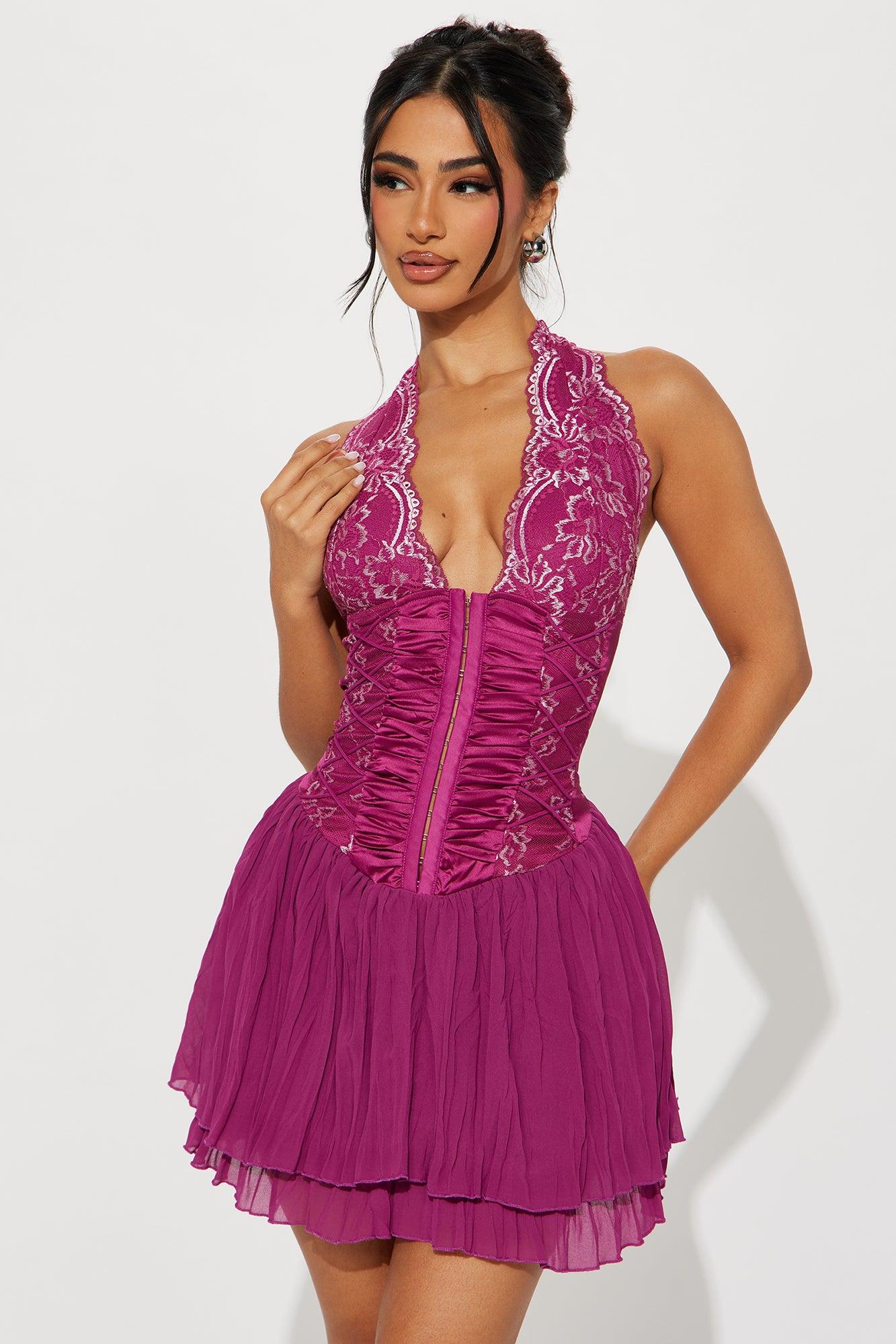 Maggie Chiffon Halter Mini Dress - Magenta Product Image