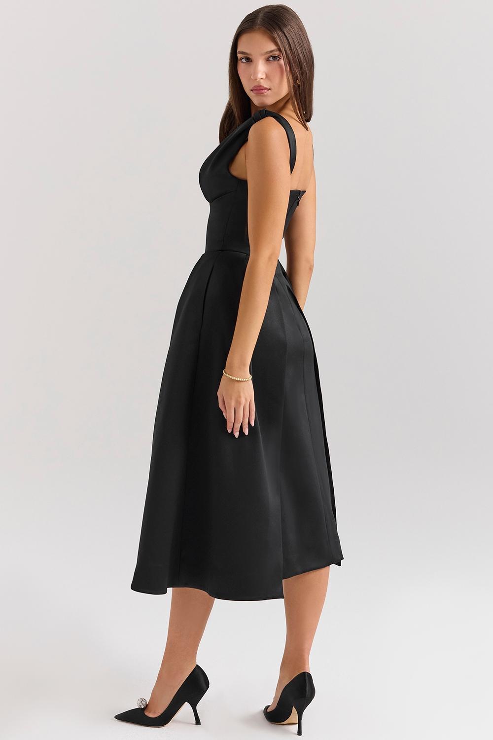 Paloma  black satin twist strap midi dress - sale Product Image