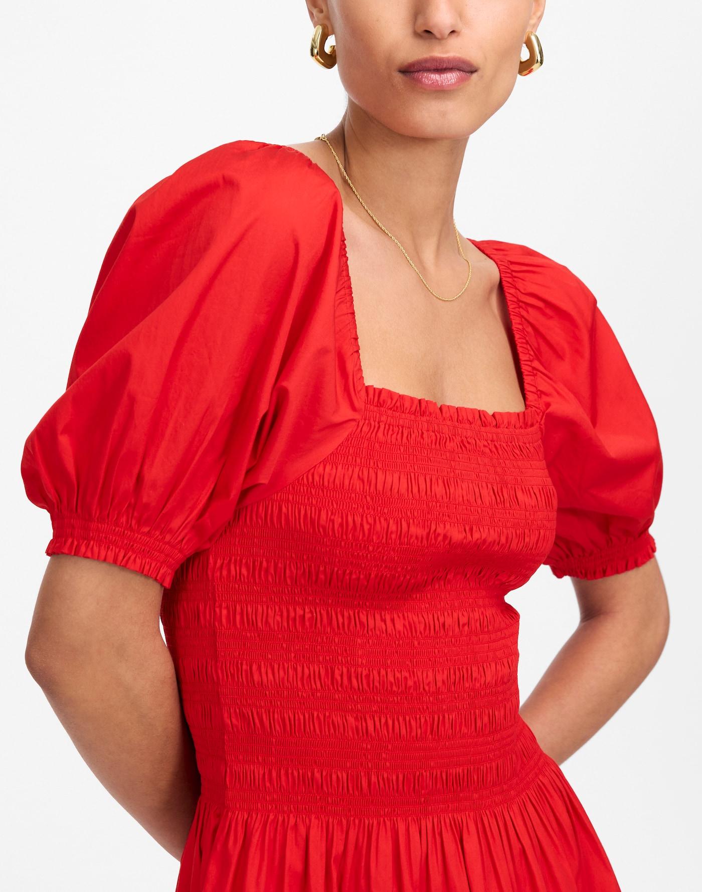 Smocked Puff Sleeve Midi Dress in Poplin Product Image
