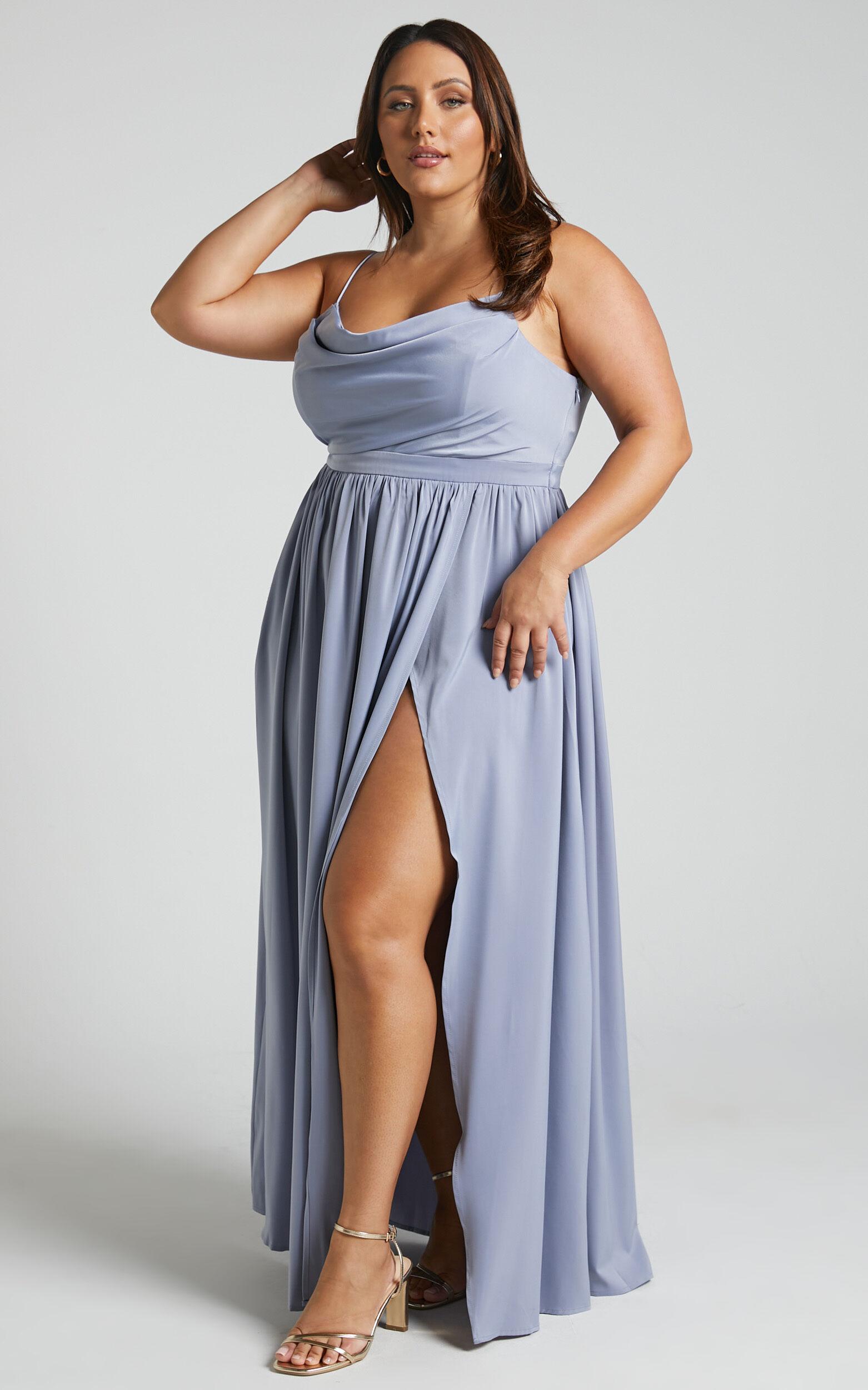 Gemalyn Maxi Dress - Cowl Neck Thigh Split Dress in Sky Blue Product Image