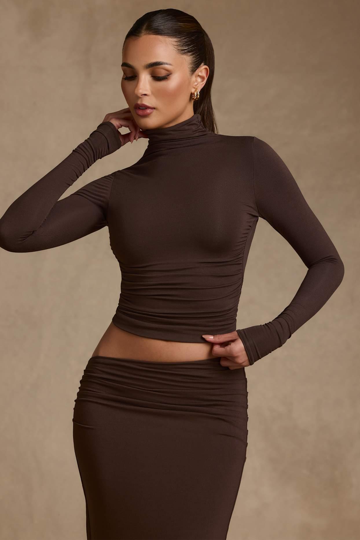 Modal Ruched Backless Turtleneck Top in Chocolate Brown Product Image