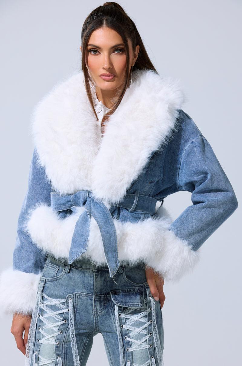 LAINEY FUR TRIM DENIM MOTO Product Image
