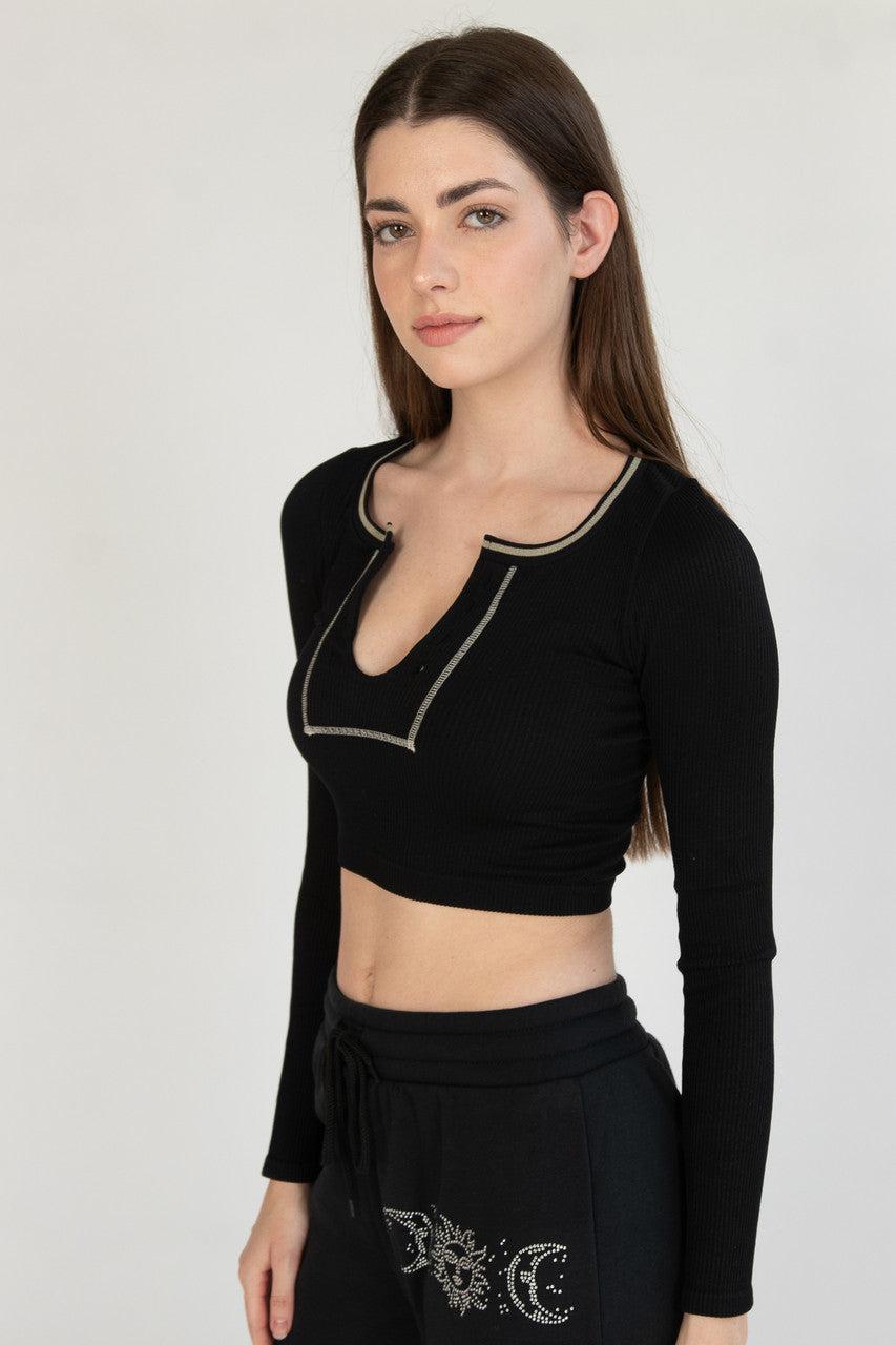 Sporty Notch Neck Long Sleeve Shirt Product Image