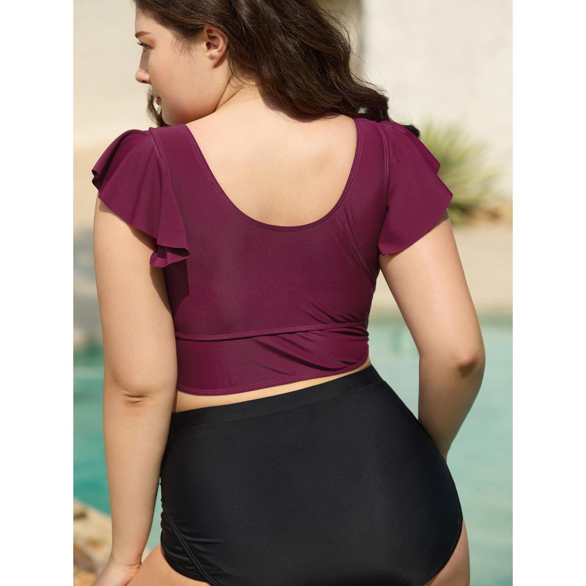Plus Size Twist-Front Flutter Sleeve Swim Top Women's Swimwear Plum Resort High stretch Skinny V-neck Curve Swim Tops BloomChic 10/M Product Image