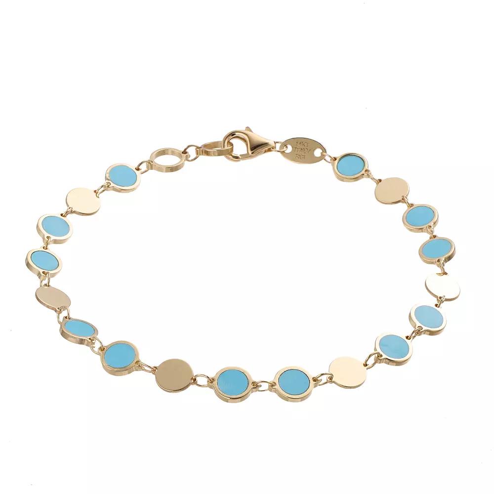 14k Gold Simulated Turquoise Alternating Discs Bracelet, Women's, Size: 7.5" Product Image