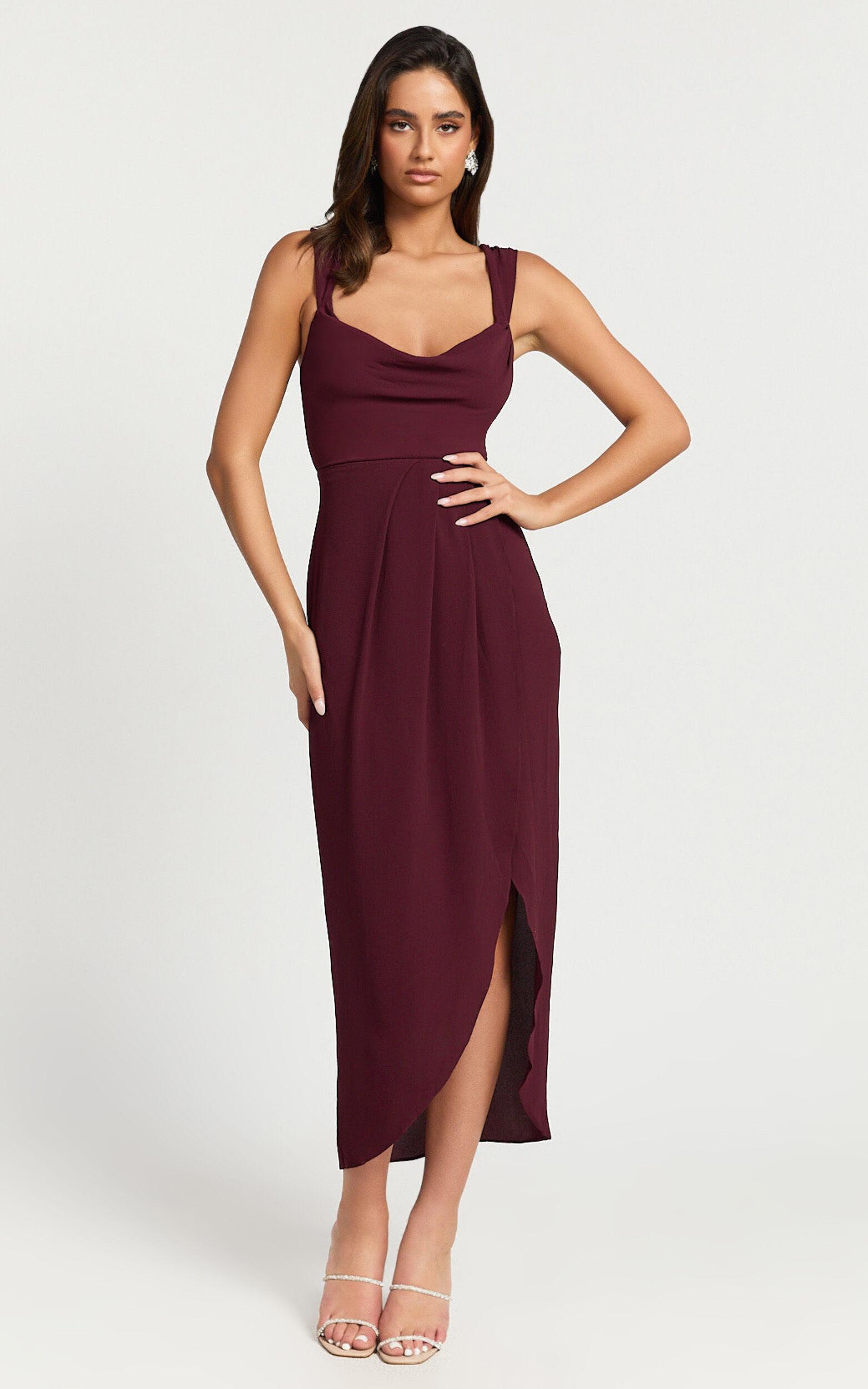 Wenalyn Midi Dress - Cowl Neck Draped Dress in Wine Product Image