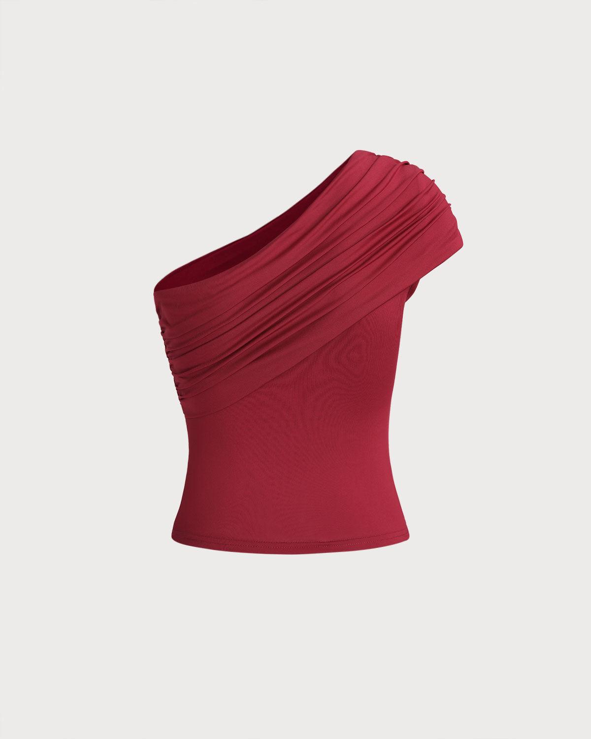 Red One Shoulder Slim Tee Product Image