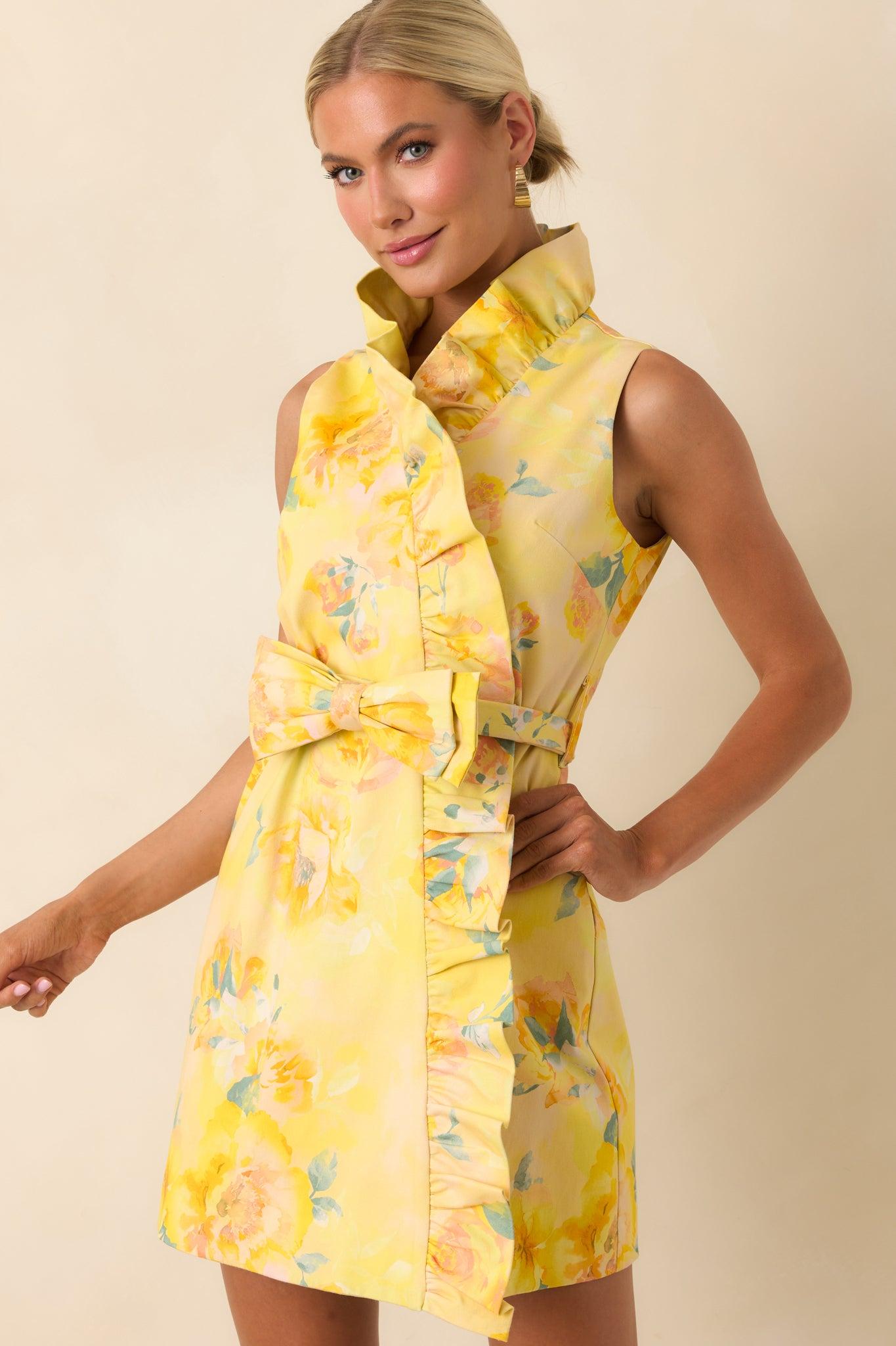 Prosperina Lilly Butter Yellow Multi Floral Silky Ruffle Mini Dress Product Image