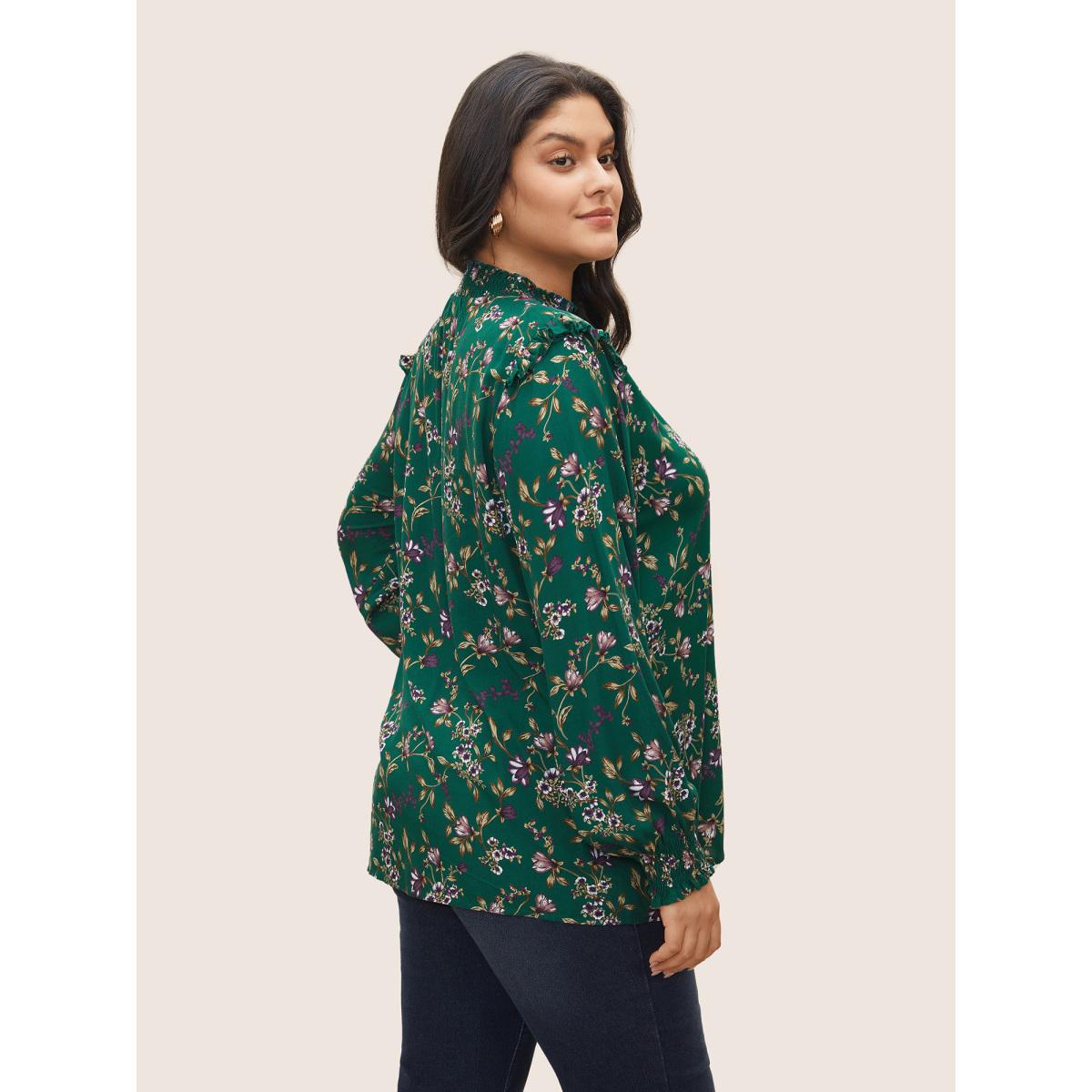 Plus Size DarkGreen Floral Lantern Sleeve Shirred Mock Neck Blouse Women Elegant Long Sleeve Mock Neck Everyday Blouses BloomChic 22-24/3X Product Image
