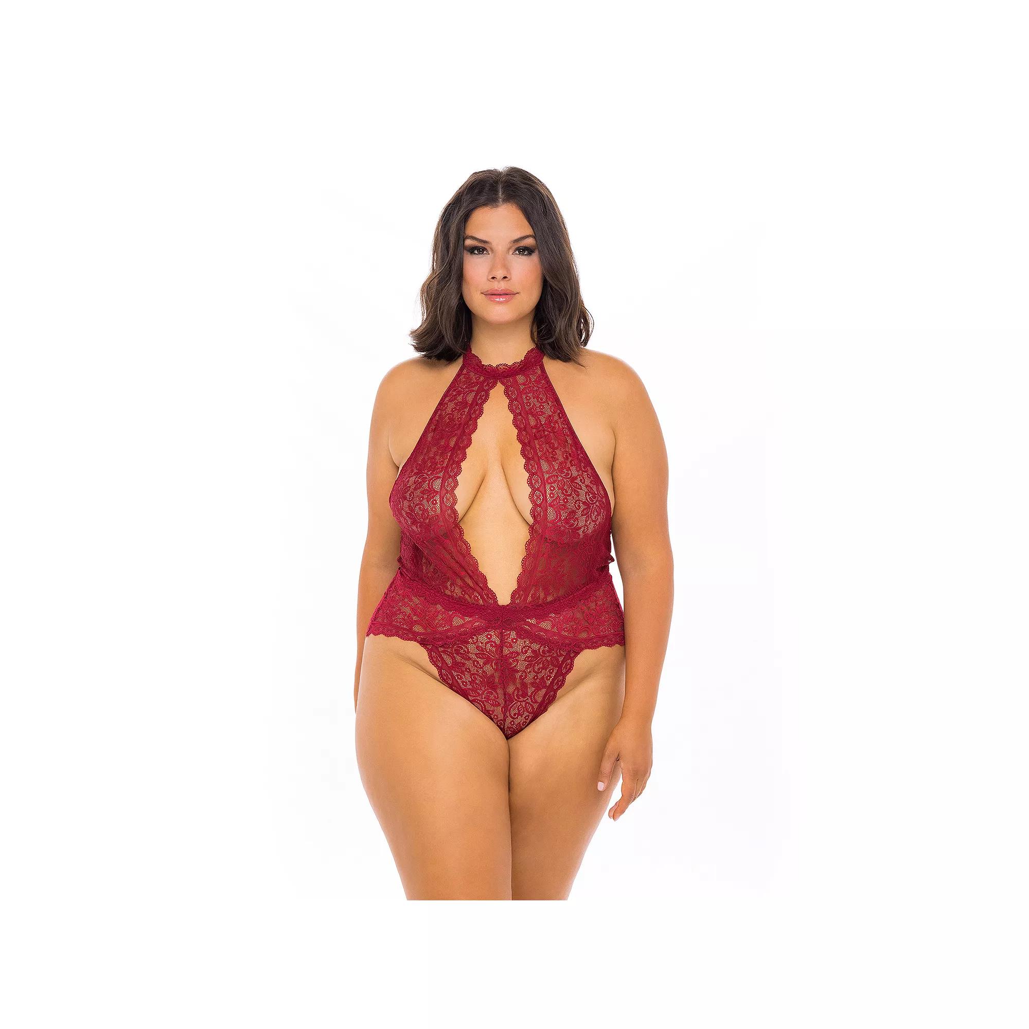 Plus Size Oh La La Cheri High-Neck Open-Back Lace Bodysuit 52-10716X, Women's, Size: 1XL-2XL, Rhubarb Product Image