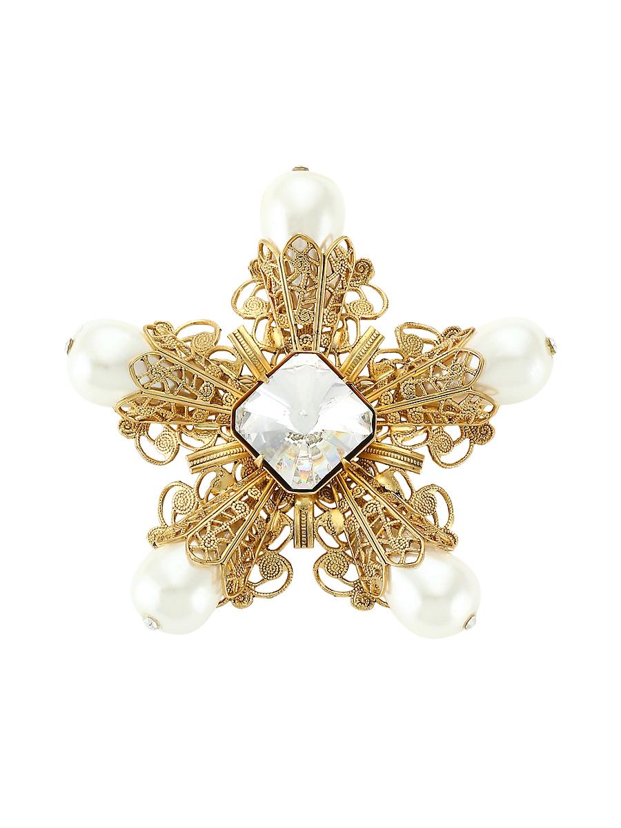Womens Antique Goldplated, Faux Pearl & Crystal Filigree Flower Pin Product Image
