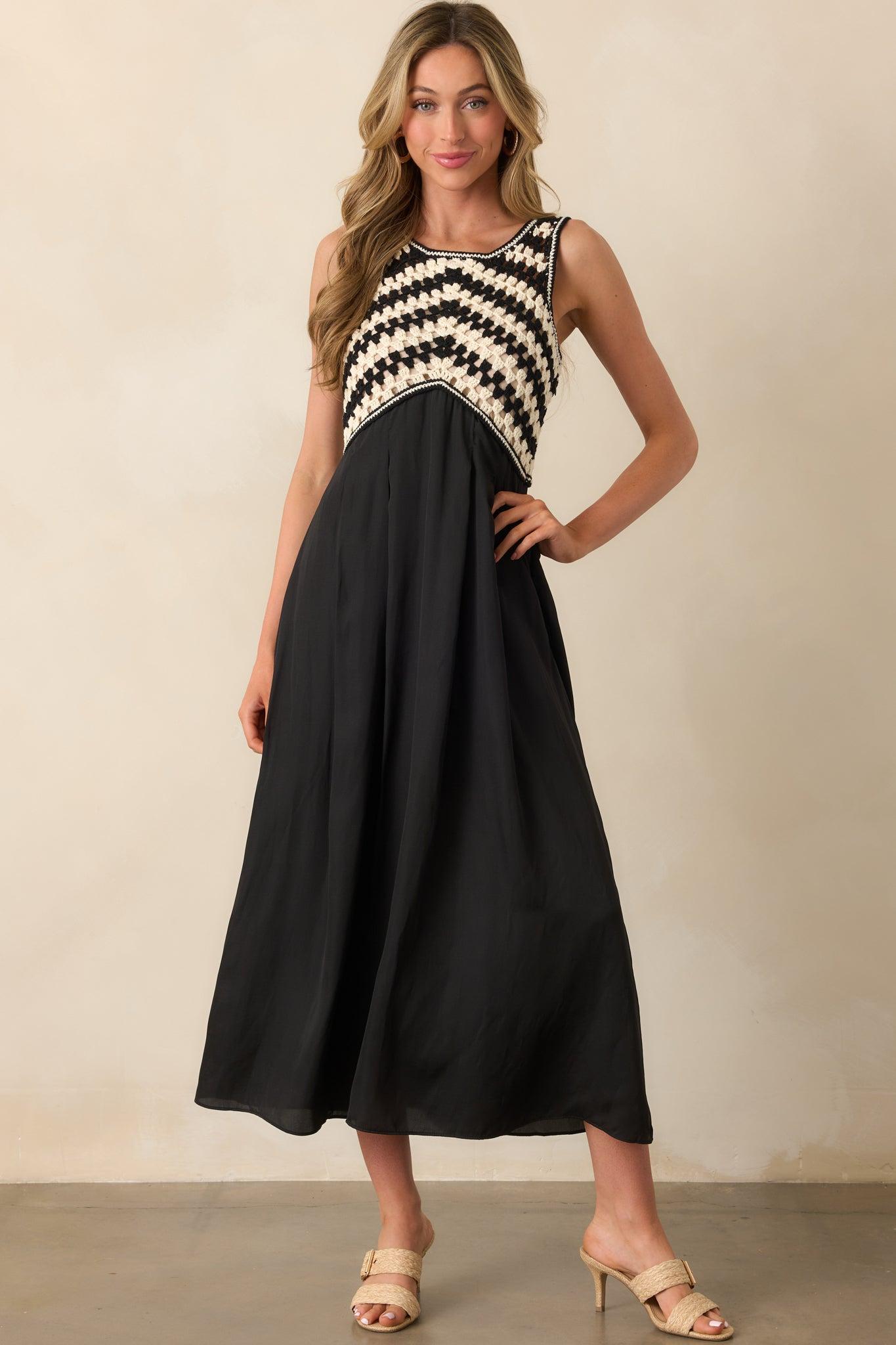 At This Point Black Diagonal Stripe Cotton Crochet Maxi Dress Product Image