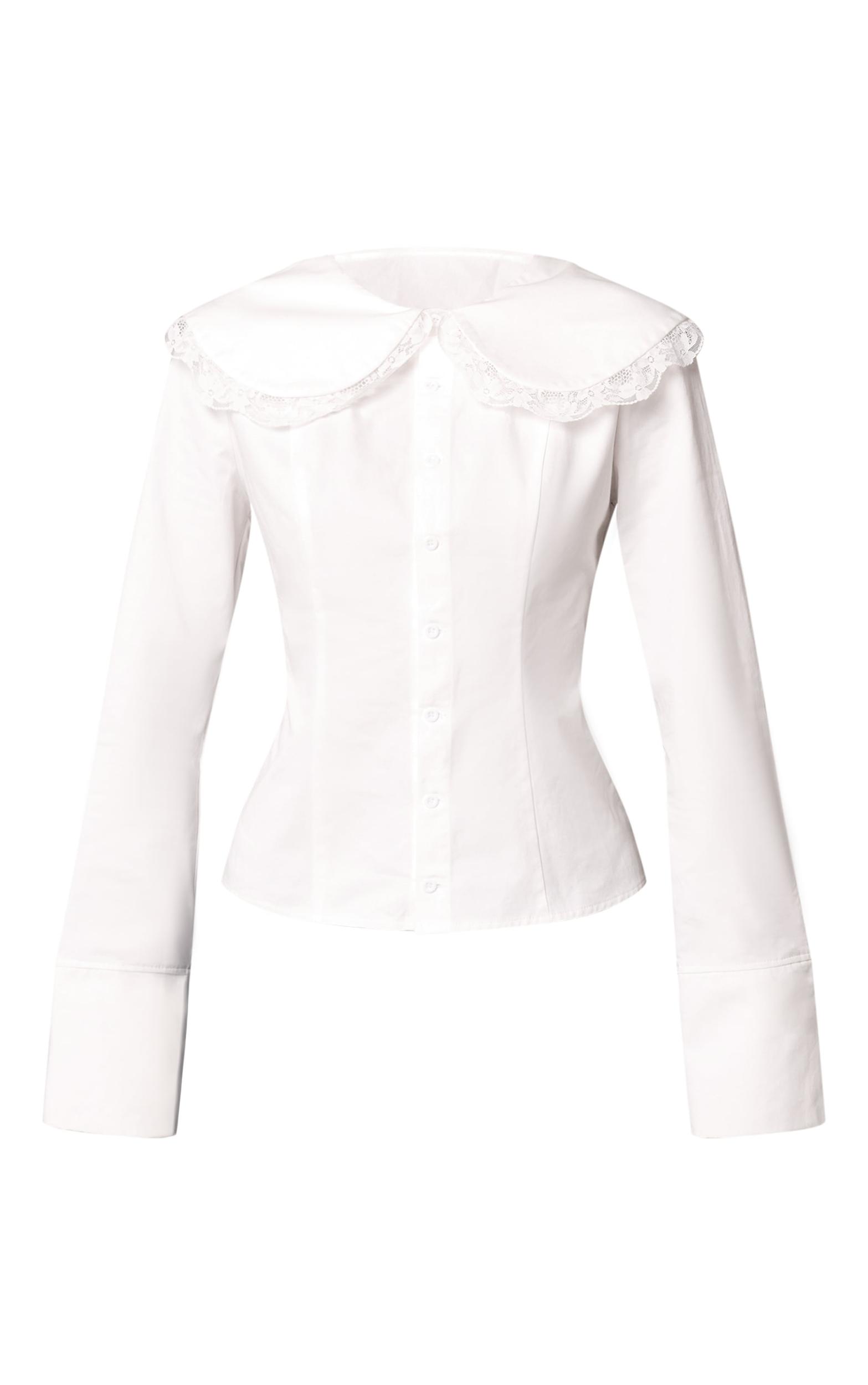  White Cotton Lace Trim Long Sleeve Shirt Product Image