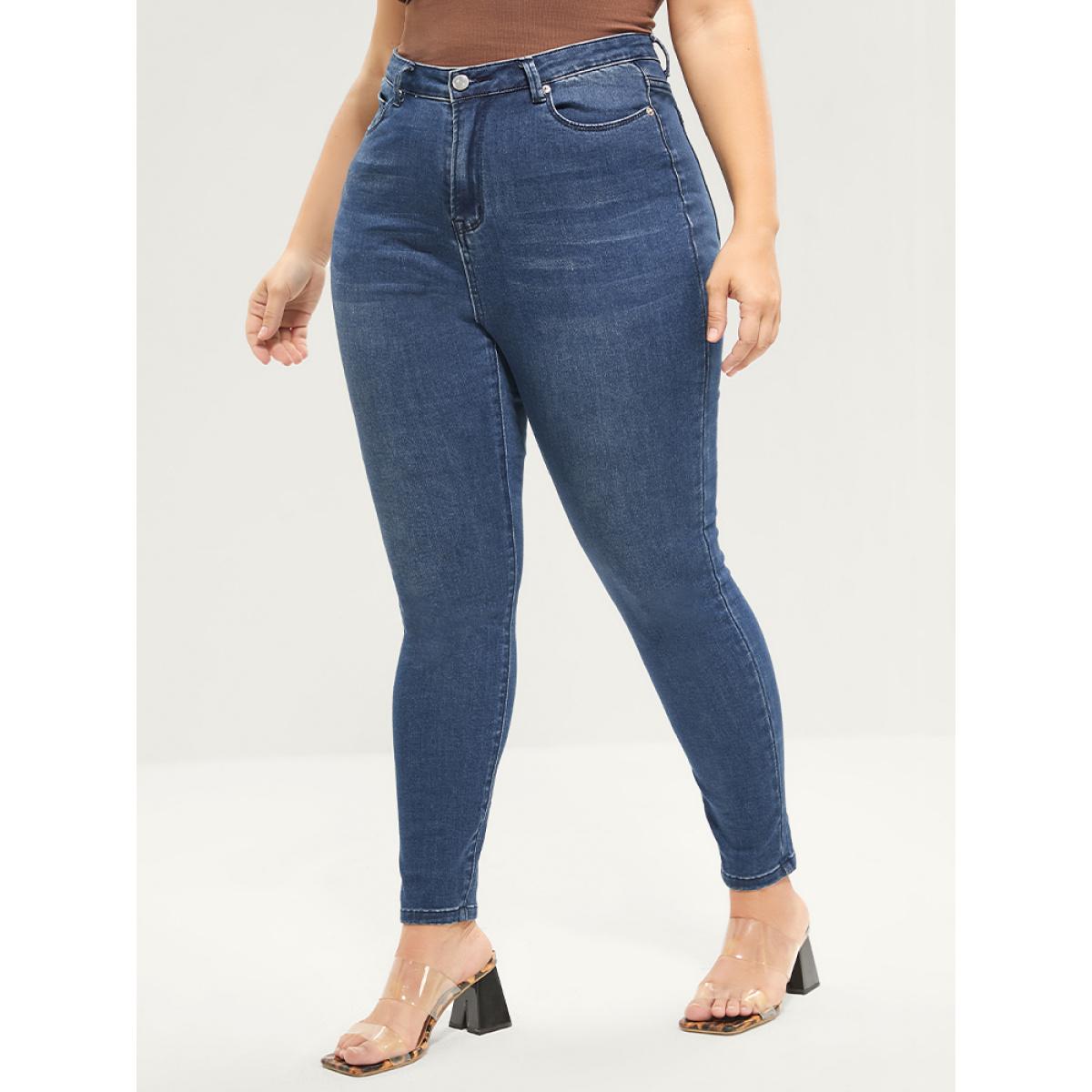 Plus Size Skinny Extremely Stretchy High Rise Medium Wash Sculpt Waist Jeans Women Blue Casual Plain Tummy control Super stretch Slanted pocket Jeans BloomChic 24/3X Product Image