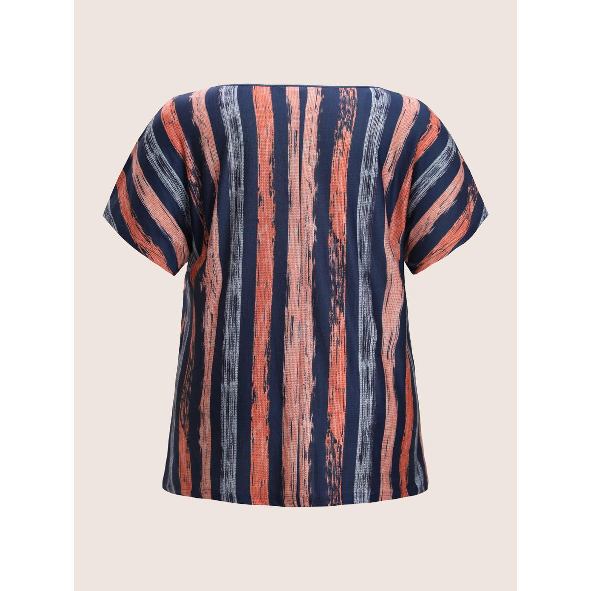 Plus Size Striped Contrast Dolman Sleeve V Neck T-shirt OrangeRed Women Casual Striped V-neck Everyday T-shirts BloomChic 26/4X Product Image