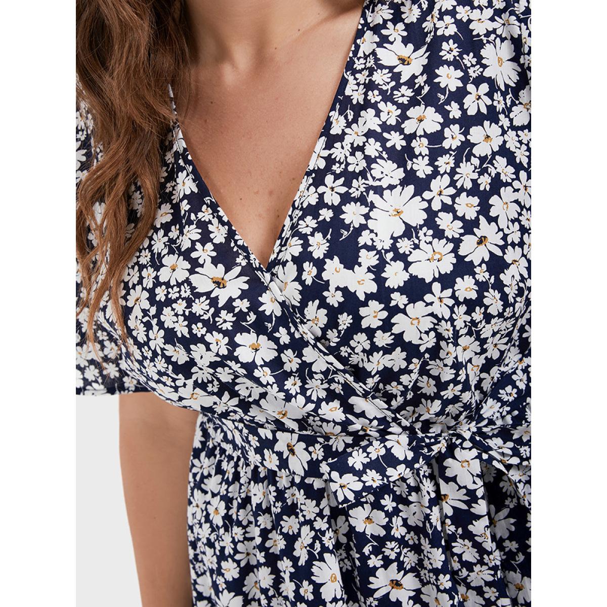 Plus Size Floral Belted Ruffles Split Pocket Wrap Dress DarkBlue Women Elegant Cross straps V-neck Short sleeve Curvy Midi Dress BloomChic 18-20/2X Product Image