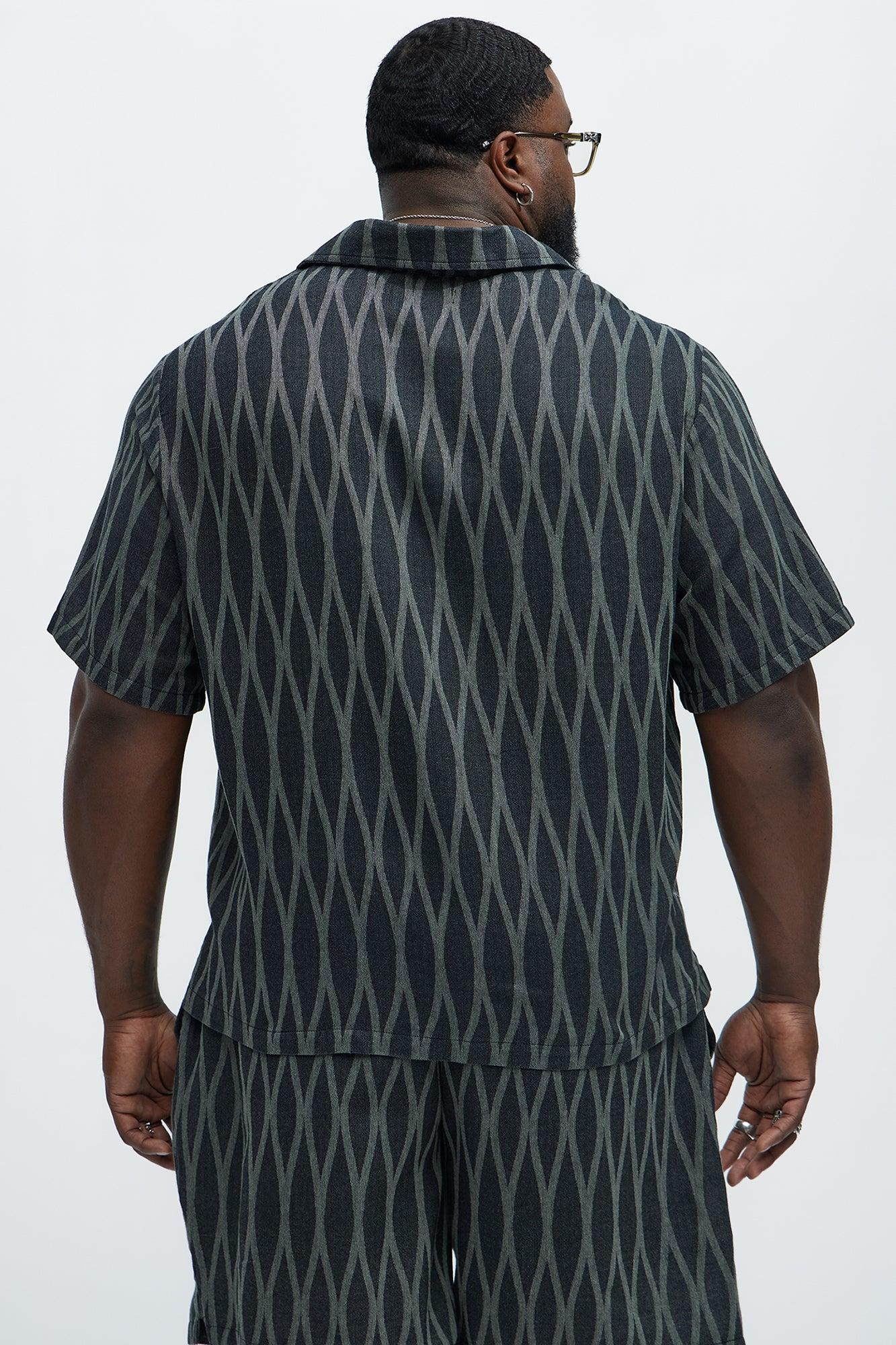 Waved Lines Cuban Collar Button Up Shirt - Black/combo Product Image