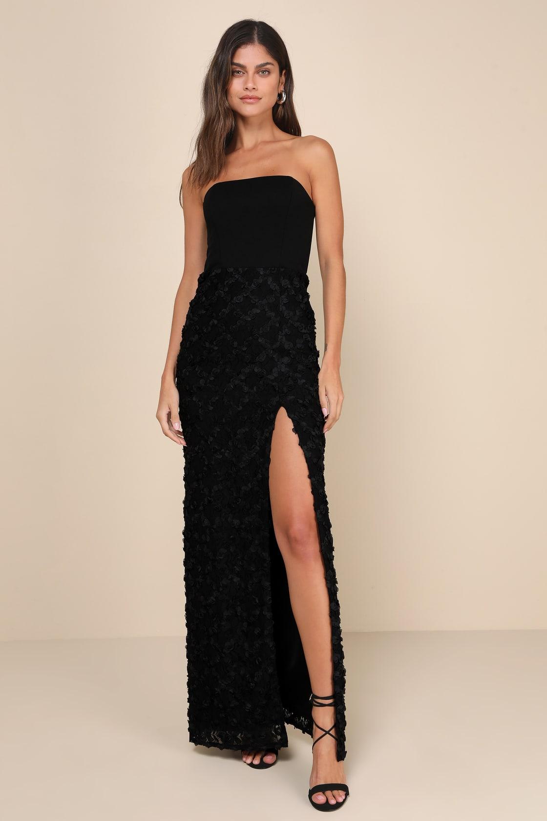 Ravishing Appeal Black 3D Floral Applique Strapless Maxi Dress Product Image
