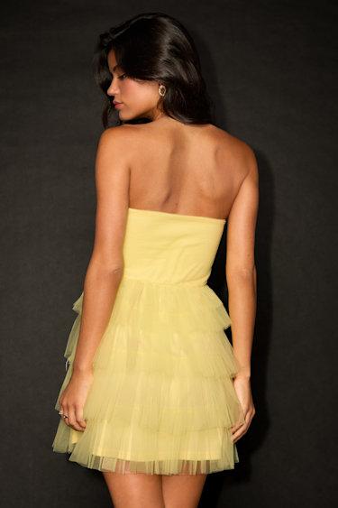 Sapphira Light Yellow Tulle Tiered Cutout Mini Dress Product Image