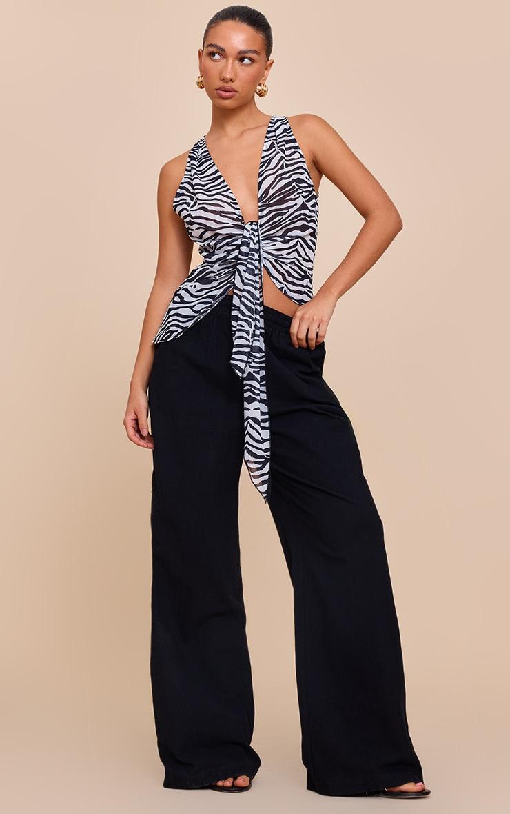 Monochrome Zebra Printed Drape Plunge Front Chiffon Long Top Product Image