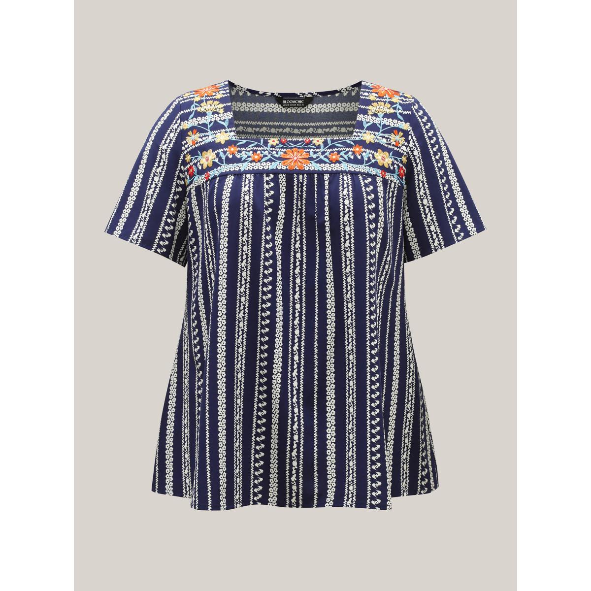 Plus Size DarkBlue Embroidered Striped Print Square Neck Blouse Women Short sleeve Square Neck Everyday-Elegant Blouses BloomChic 26/4X Product Image