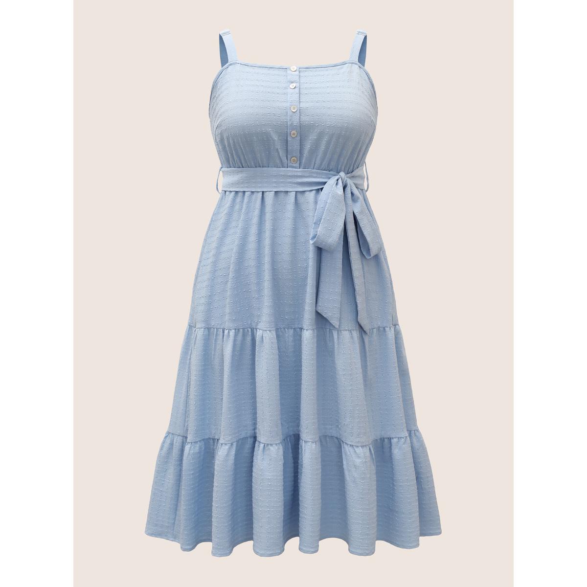 Plus Size Plain Textured Ruffle Layered Hem Belted Dress LightBlue Women Resort Texture Non Sleeveless Curvy Midi Dress BloomChic 10/M Product Image