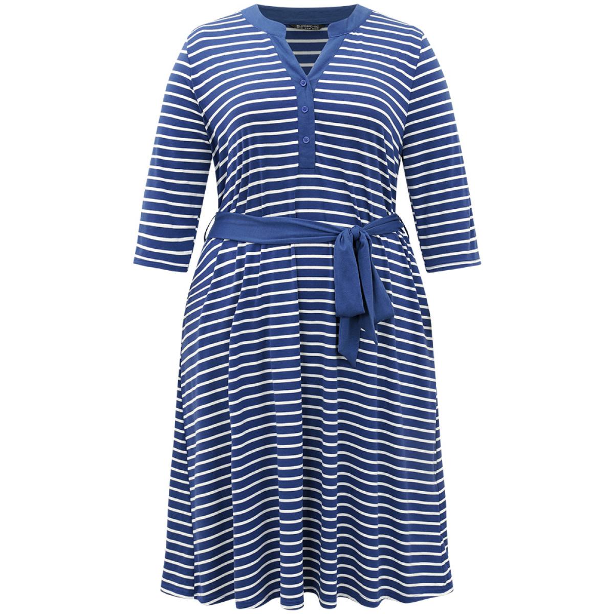 Plus Size Striped Belted Notched Dress Blue Women Casual Belted Notched collar Elbow-length sleeve Curvy Midi Dress BloomChic 28/5X Product Image