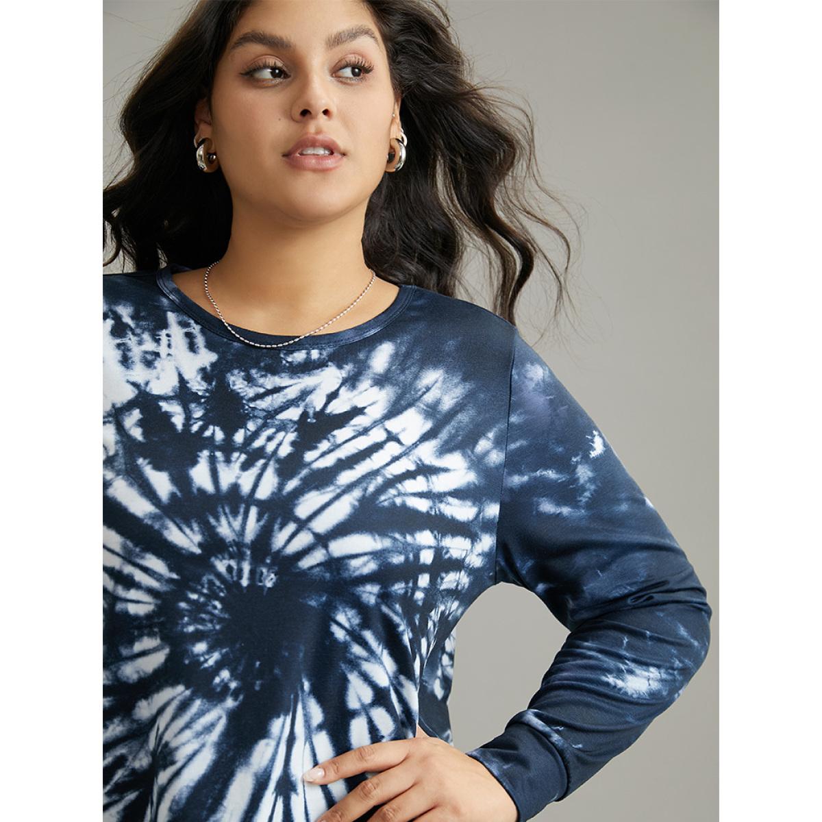 Plus Size Tie Dye Long Sleeve Crew Neck Sweatshirt Women DarkBlue Casual Printed Round Neck Dailywear Sweatshirts BloomChic 12/L Product Image