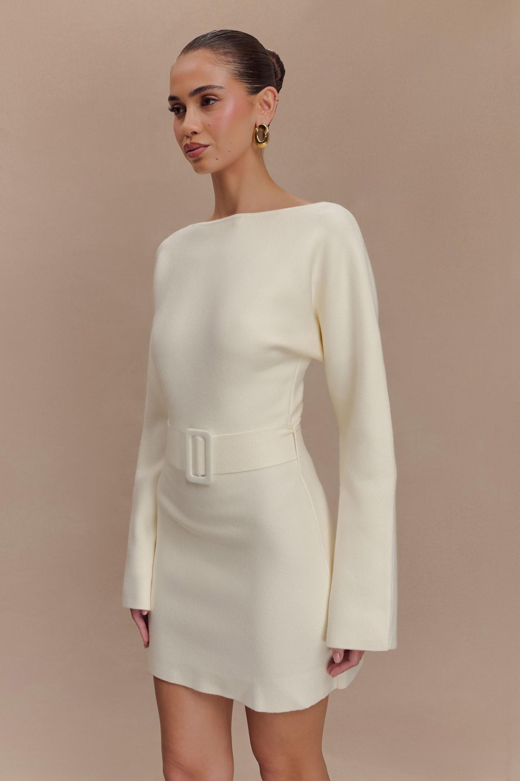 Kassie Belt Tie Knit Mini Dress - Ivory Product Image