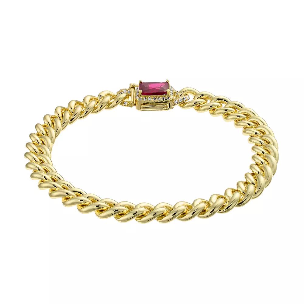 14k Gold Over Silver Red & White Cubic Zirconia Halo Curb Chain Bracelet, Womens Gold Tone Product Image