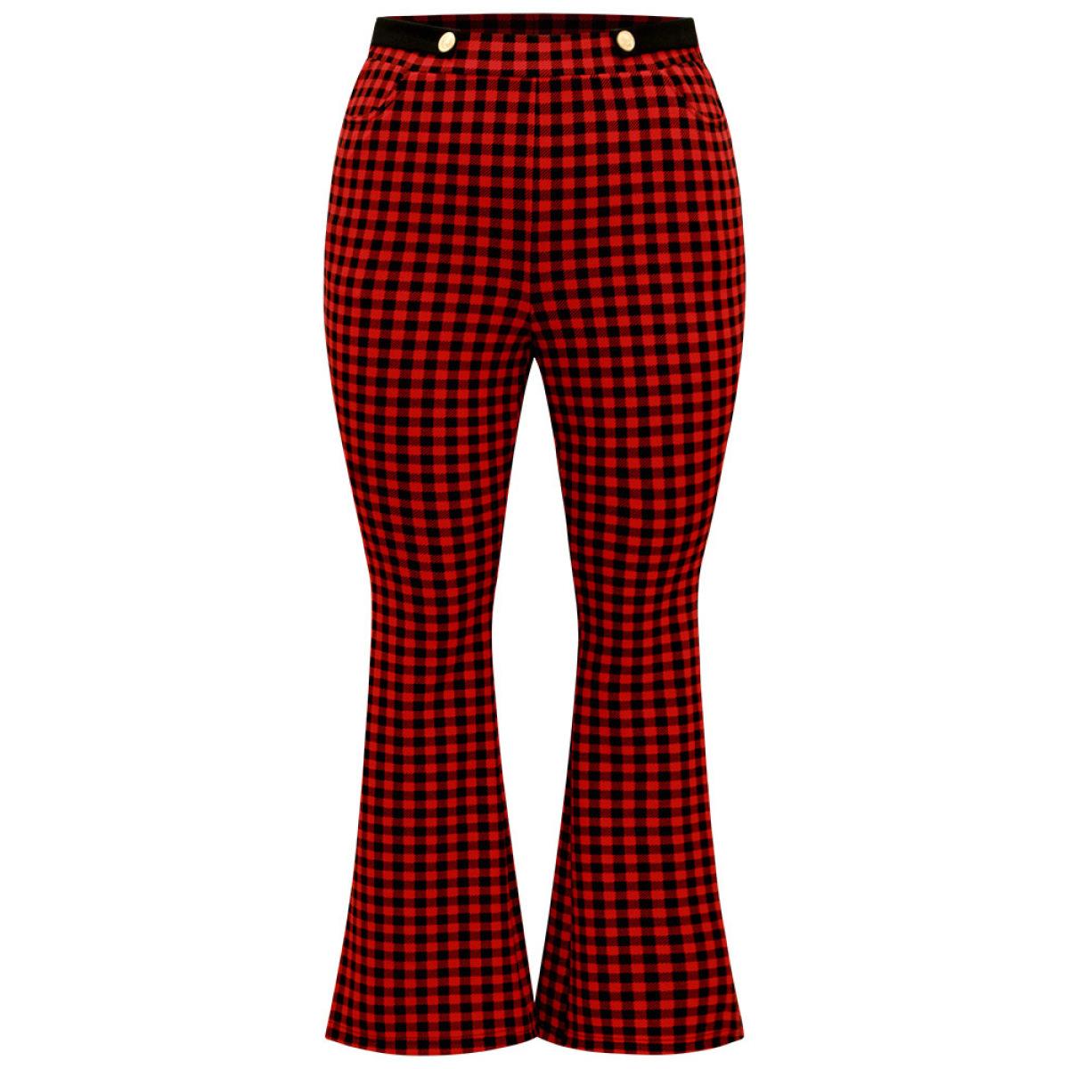 Plus Size Gingham Bootcut Split Hem Metal Detail Pants Women Raspberry Elegant Flare Leg High Rise Festival-Christmas Pants BloomChic 30/6X Product Image