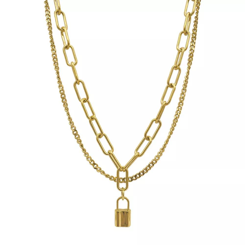 Adornia Stainless Steel Layered Curb and Paper Clip Chain Lock Necklace, Women's, Size: 18", Gold Tone Product Image