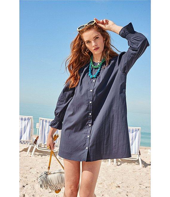 Addison Bay Sailor Solid Woven Long Puff Sleeve Button Front A-Line Dress Product Image