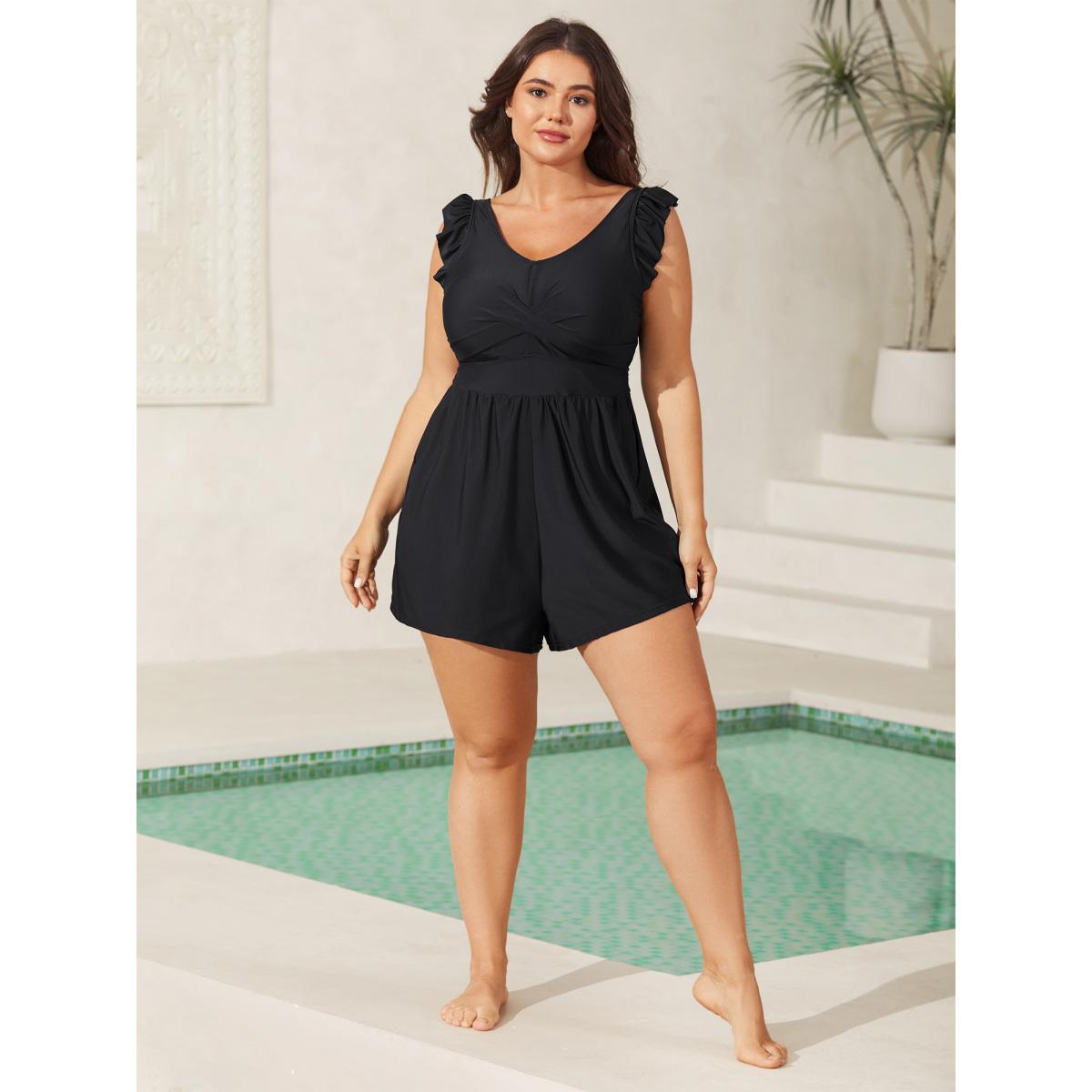 Plus Size Twist Front Ruffled One-Piece Swimsuit Women's Swimwear Black Resort Twist Curve Bathing Suits High stretch One Pieces BloomChic 14-16/1X Product Image